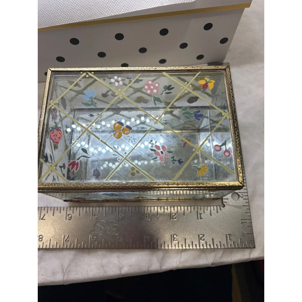 Vintage Hand Painted Glass Jewelry Box Floral Fruit Lattice Brass Trim Mirrored